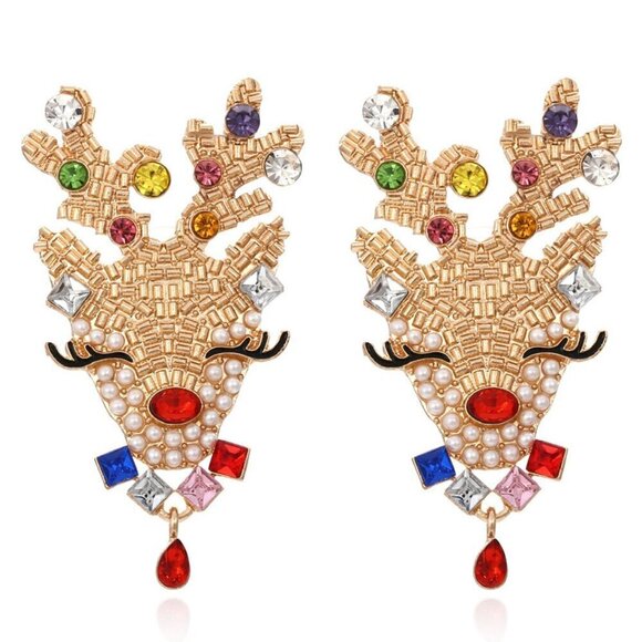 Christmas Themed Rudolf Reindeer Earrings With Rhinestone , Stud Backs - Picture 1 of 1